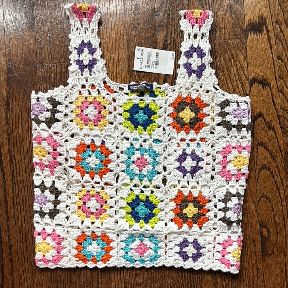 Nordstrom Crochet Tank Top in White with Multicolor Floral Squares